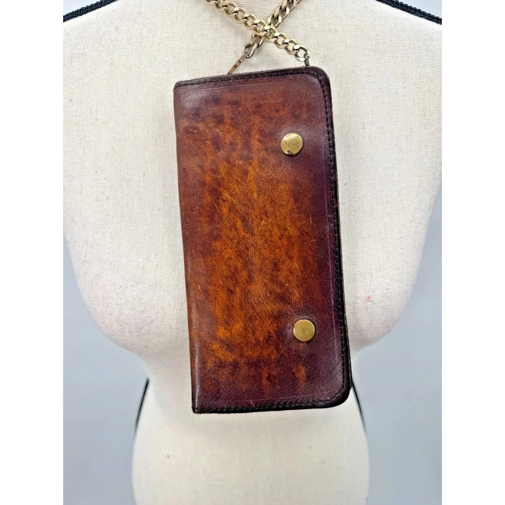 Vintage Full Grain Leather Metal Chain Snap Buttons Bifold Wallet Biker Trucker